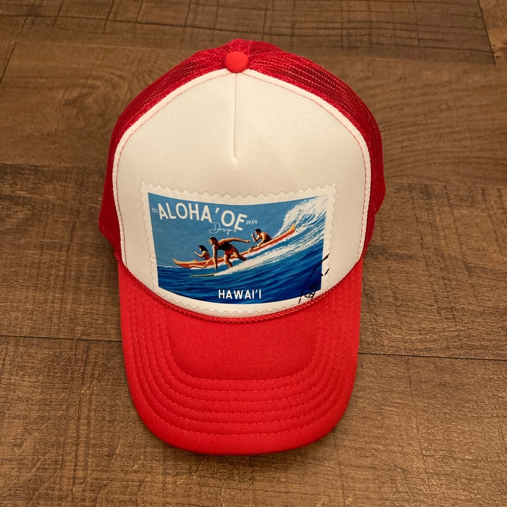 ALOHA’OE Surfing Stamp OTTO Red/White Trucker Hat High Crown Beach Unisex EUC